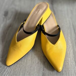 YUUL YIE Yellow/Black Strappy Point Toe Chunk Heel Leather Heels 36.5/6.5
